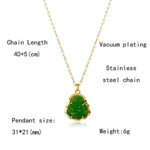 Collier en acier inoxydable plaqué or avec chaîne à maillons, pendentif Bouddha rieur en jade vert naturel, collier religieux Maitreya - Product Image 2