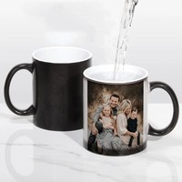 Mug à café en grès personnalisé avec logo, 11 oz, à changement de couleur, tasse magique noire réutilisable pour sublimation avec poignée
