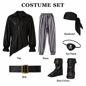 Ensemble de <span class=keywords><strong>costume</strong></span> de pirate pour <span class=keywords><strong>homme</strong></span> pour Halloween, comprenant un haut noir, un pantalon rayé, un foulard, une bandeau pour les yeux, une ceinture, des couvre-bottes, tenue de cosplay - Product Image 6