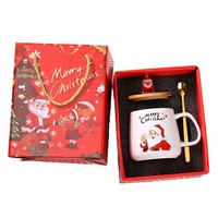 Mug en céramique de Noël mignon avec poupée 3D, couvercle en bois, cuillère dorée, coffret cadeau, vaisselle en céramique pour les fêtes, tasse à thé