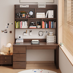 Solid Wood <b>Desk</b> With Bookshelf Walnut Color Modern Minimalist <b>Study</b> <b>Desk</b> For Home Office Student Bedroom Computer Workstation - Product Image 4