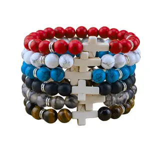 Witte Agaat Natuurlijke Edelsteen Stretch Kruis Armband Voor Vrouwen Mannen Klassieke Mode Sieraden Biker Kinetische Energie Artritis Armband