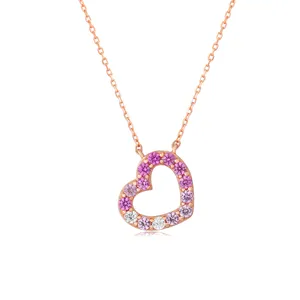 Fine Jewelry 925 Sterling Silver Gold Plated Pink Zircon Rainbow Heart Necklace