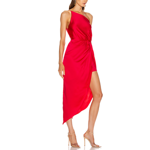 Sexy <span class=keywords><strong>Rouge</strong></span> Soie Satin Une Épaule Sans Manches Froncé Asymétrique <span class=keywords><strong>Robe</strong></span> De <span class=keywords><strong>Cocktail</strong></span> Femmes - Product Image 2