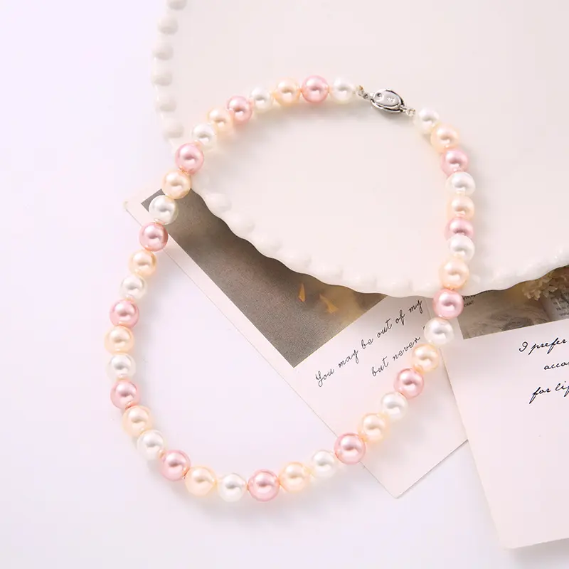 Nupcial Shell Pearl Chocker Collar Mujeres Niñas Blanco Rosa Oro Collar largo Perlas de colores