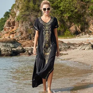 Klassieke Zwarte Geborduurde Loose Fit Lange Lengte Kaftan Jurk Met Mooie Zwart En Wit Borduurwerk Zomer Dragen Vrouwen Kaftan