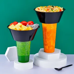 Black Pp Plastic Snack Drink Combination Set Food Grade Disposable Hot Pot Bowl Cup
