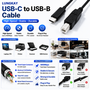 Cable de Impresora LUNG KAY USB-C a USB-B 2.0, Cable de Transferencia de Datos de Alta Velocidad para Escáner, Controlador MIDI, Teclado Yamaha OEM - Product Image 2