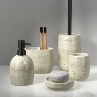 Ensemble d'accessoires de salle de bain écologiques en céramique gris clair, 5 pièces, distributeur de savon à pompe en bois d'acacia, porte-brosse de toilette