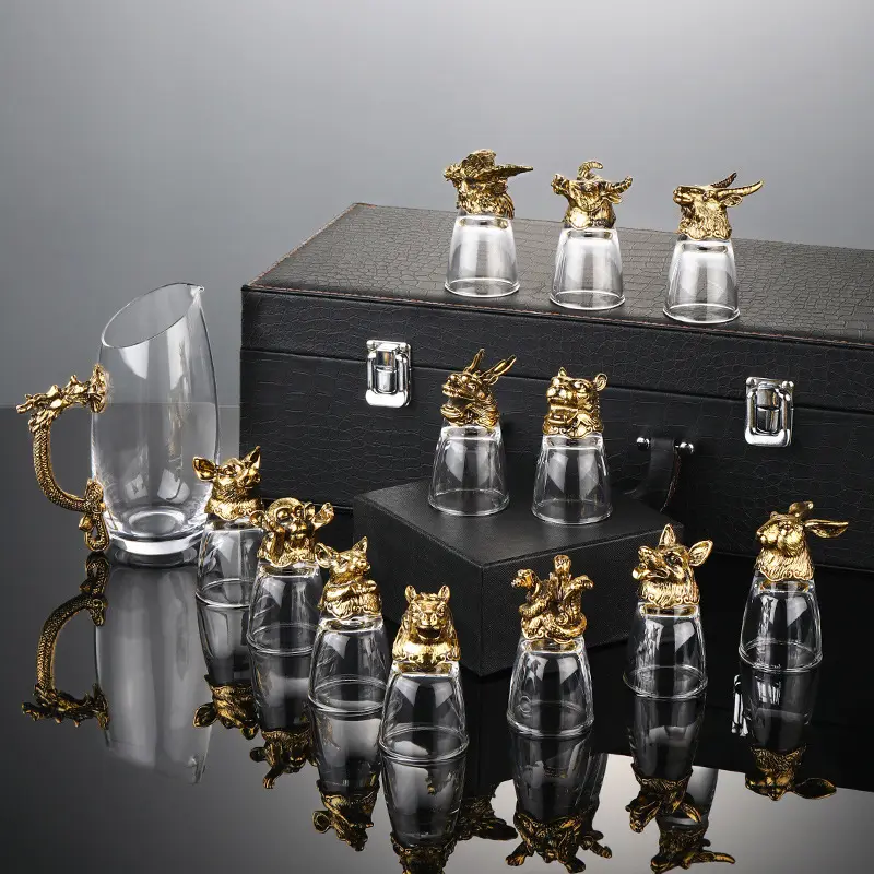 Luxury crystal liquor cup set household tall cup one shot cup gold foil wine divider leather case set