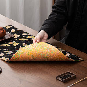 Chinese Style Brocade Tea Mat Double Sided Waterproof Heat Insulation Table <b>Runner</b> For Tea Ceremony Reusable Fabric <b>Black</b> With - Product Image 3