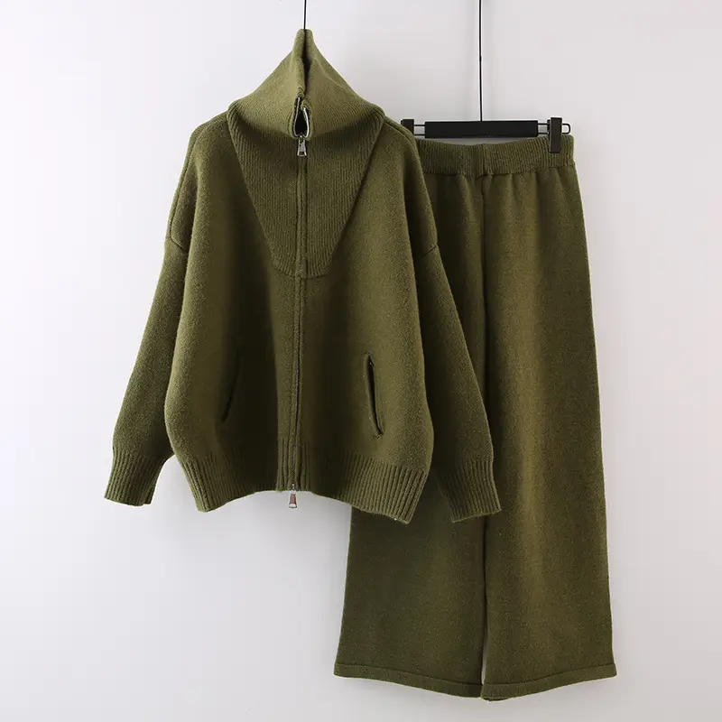 2024 New Design Fall/Winter Fashion Suit Lapel Sense Long-sleeved Sweater Coat Knitted Leisure Wide-leg Pants Women's Wear