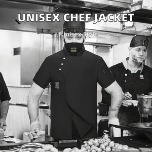 Unisex <b>Short</b> <b>Sleeve</b> Chef <b>Jacket</b> Black Button Closure Restaurant Kitchen Uniform for Men and Women - Product Image 2