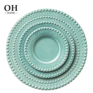 Grüne Perlen Rand Bone China Teller Set Porzellan Ladegeräte Platte für Hochzeit & Event Dekor Geschirr Keramik Geschirr Set