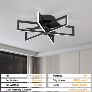 Ventilateur de plafond géométrique noir à 6 lumières avec éclairage, profil bas, LED, télécommande et contrôle par application pour chambre et salon - Product Image 4