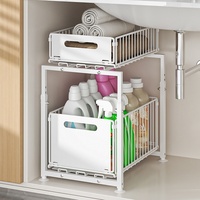Organisateur de cuisine à 2 niveaux en forme de H, réglable en hauteur, sous l'évier, avec tiroir coulissant séparé, étagère de rangement, organisateur d'épices