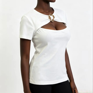 Tops Cortos Negros para Mujer, Elegantes, <span class=keywords><strong>con</strong></span> Escote Abierto, Lisos, Transpirables, de Punto, Casuales, <span class=keywords><strong>con</strong></span> Encaje - Product Image 1
