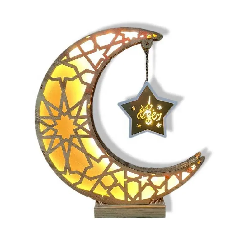 Ramadan Eid Mubarak ornamenti in legno a forma di luna luce notturna LED musulmano Ramadan tavolo artigianato luce decorazione Desktop