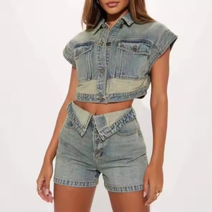 Conjunto de Mezclilla para Mujer, Nuevo, de Alta Calidad, Sexy, Chaqueta Corta sin Mangas, Mini Shorts, Lavado Ácido, Efecto Desgastado - Product Image 1