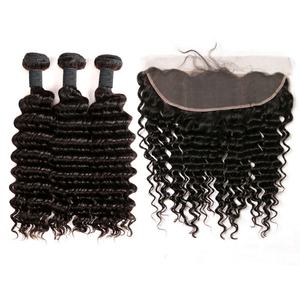 Extensions de cheveux humains Remy Apple Girl, Deep Wave indiennes, 3 paquets avec frontal en dentelle 13*4, couleur naturelle pour femmes noires - Product Image 1