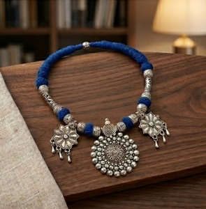 DIVYORO Boho Chic <b>Blue</b> <b>Bead</b> and Oxydized Silver Floral Pendant Necklace Designer Handmade Ethnic Statement Jewelry for Women - Product Image 1