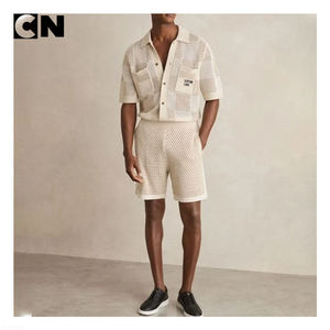 BSCI Certification Sweater Manufacturer Custom Men Cotton Short Sleeve <b>Vintage</b> Knit <b>Cardigan</b> Sweater Chequerboard Crochet Shirt - Product Image 3