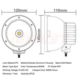 12V24V universel voiture SUV camion tout-terrain ATV UTV 5 pouces rond <span class=keywords><strong>25W</strong></span> LED Spot travail phare - Product Image 2