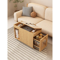 Table d'appoint polyvalente AJUNION en bois massif et contreplaqué avec quatre espaces de rangement, armoire en verre trempé et panneau surélevé simple face