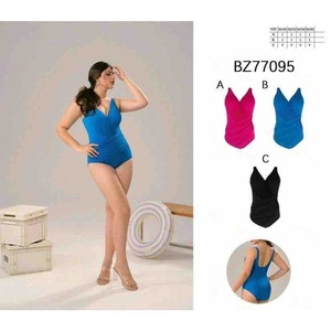 HDJ Traje de baño de una pieza de talla grande con control de abdomen, cuello en V, fruncido, color liso, ropa de playa para mujer BZ77095 - Product Image 3