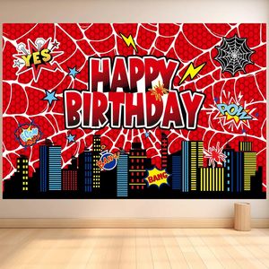 สุขสันต์วันเกิดฉากหลังคอมมิคซิตี้ใยแมงมุมการถ่ายภาพพื้นหลังเด็กชายธีมซูเปอร์ฮีโร่ตกแต่งปาร์ตี้แบนเนอร์ปรับแต่งได้ - Product Image 5