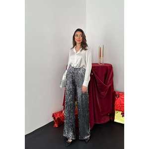 Wholesale Canvas <b>Trousers</b> Elastic High-Waist <b>Black</b> Silver <b>Sequins</b> Loose Fit Formal Pattern Autumn XL Breathable Colored-Wash - Product Image 5