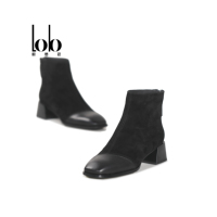 Sepatu Wanita 2025 Musim Gugur/Dingin Model Chelsea Boots Pendek Hak Kotak Kulit Sapi Motif Polos Penutup Slip-On Tinggi