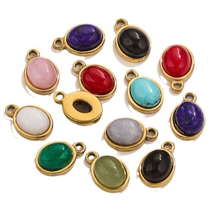 Pendentifs ovales en pierres semi-précieuses naturelles, breloques en acier inoxydable plaqué or PVD : turquoise, onyx, quartz rose pour collier, bracelet, etc. - Product Image 4