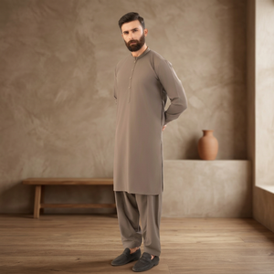Conjunto de Kurta y Pijama de Algodón Gris para Hombre, Cuello Alto, Manga Larga, Largo hasta el Tobillo, Ropa Casual Diaria, Traje Étnico de India y Pakistán - Product Image 1