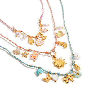 Ensemble de colliers de perles avec breloques, design floral, à porter au quotidien, couleur or, pendentif multicolore, bijoux pour femmes - Product Image 5