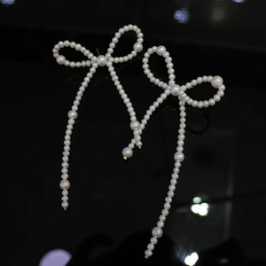 Handmade Pearl Bow Tassel <b>Earrings</b>, USA Imported 14K Gold Filled Fittings, Natural Freshwater Pearl Dangle <b>Earrings</b> Jewelry - Product Image 1