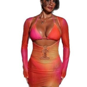 Vestido ajustado plisado de manga larga con cuello en V y lazo, sexy y con aberturas, para comercio transfronterizo de moda femenina - Product Image 5