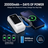 Batterie externe 20000mAh PD 22.5W à charge rapide avec câble intégré, écran LCD, chargeur portable pour téléphone et voyage