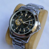 Jam Tangan Mekanik Valerius untuk Pria, Dial Hitam Berlubang Model Open Heart, Tali Baja