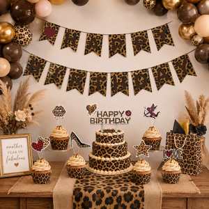 Women Safari Jungle Theme Supplies Animal Happy Banner & <b>Cake</b> Topper <b>Kits</b> Leopard Print Birthday Party Sets - Product Image 3