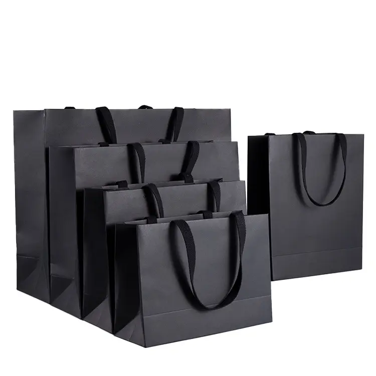 Sacchetti di Tote per imballaggio in cartone con manico a nastro stampato personalizzato Bolsas sacchetto della spesa in carta regalo di lusso al dettaglio nero opaco con loghi