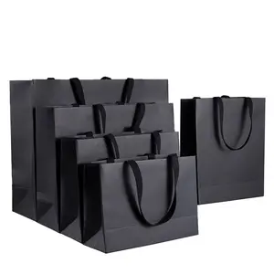 Custom Printed Ribbon Handle Cardboard Packaging Tote Bags Bolsas Black Matte Retail Luxury Gift Paper Shopping Bag With Logos