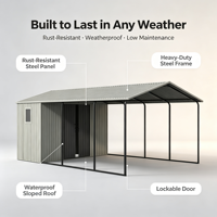 Abri pour voiture de 12 x 25 pieds avec remise de rangement, abri extérieur robuste, imperméable et résistant à la neige pour voiture et outils