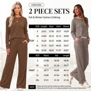 Ensemble de détente deux pièces côtelé de luxe léger pour femme, comprenant un haut pull à manches longues et un pantalon large, pour la maison, couleur unie, col rond - Product Image 6