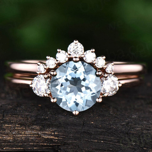 Anillo de Compromiso de Plata de Ley S925 con Piedra de Nacimiento de Marzo, Anillo de Promesa de Boda con Moissanita Redonda de Aguamarina, Joyería Personalizada Vintage para Mujer - Product Image 5