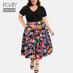 POVTY personnalisé femmes beurre doux Maxi robe été à manches courtes col en V a-ligne Patchwork multicouche imprimé jupe <span class=keywords><strong>grande</strong></span> <span class=keywords><strong>taille</strong></span> - Product Image 1