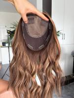 Prothèse capillaire frontale en dentelle HD avec clips, cheveux vierges européens ondulés, marron avec mèches, remplacement capillaire naturel
