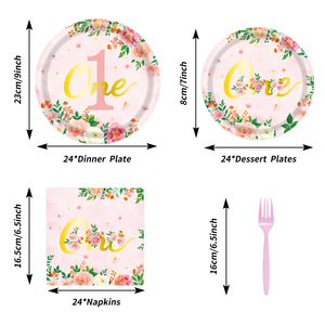 Ensembles de fournitures pour fête d'anniversaire de 1 an, assiettes en papier rose à bordure fleurie, gobelets pour l'anniversaire d'une fille - Product Image 6