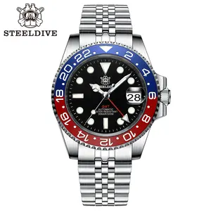 STEELDIVE SD1993 New Arrival G M T NH34 Automatic Movement 300M Waterproof Four Hands Blue-Red Ceramic Bezel Mens Dive Watches