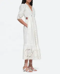 2024 Neuheit Sommer Halbärmel Damen Midi-Kleid hohe taille ausschnitt lässig V-Ausschnitt Baumwolle Stickerei-Kleider für Damen